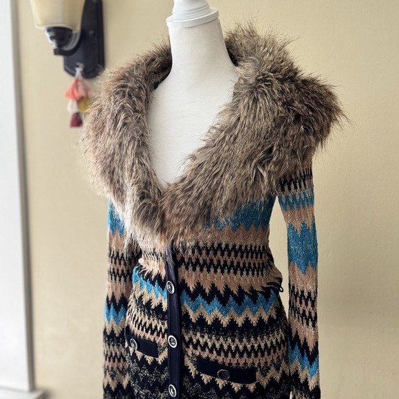 glam Sweaters - Cache VTG Womens Faux Fur Collar Chevron Cardigan XS Multicolor Glitter Y2K Glam